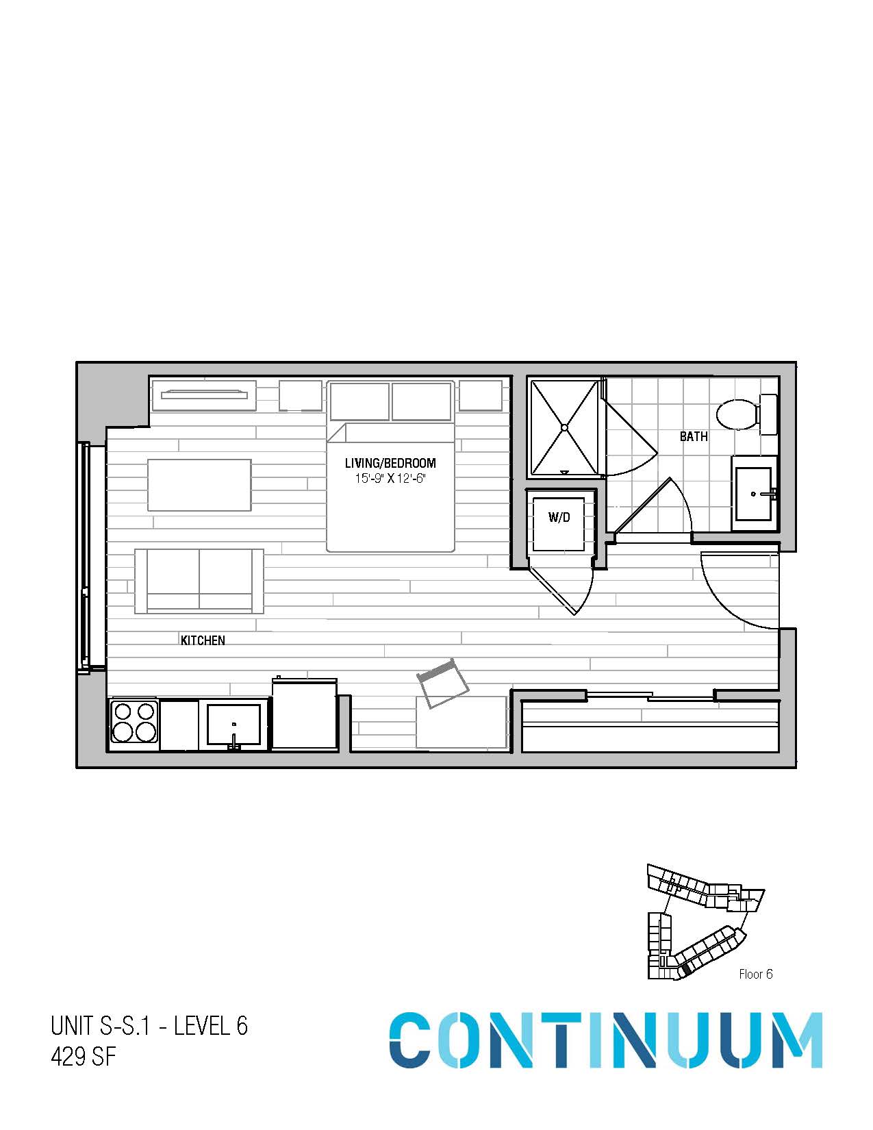 Floor plan for studio, 1 bath, 429 sqft
