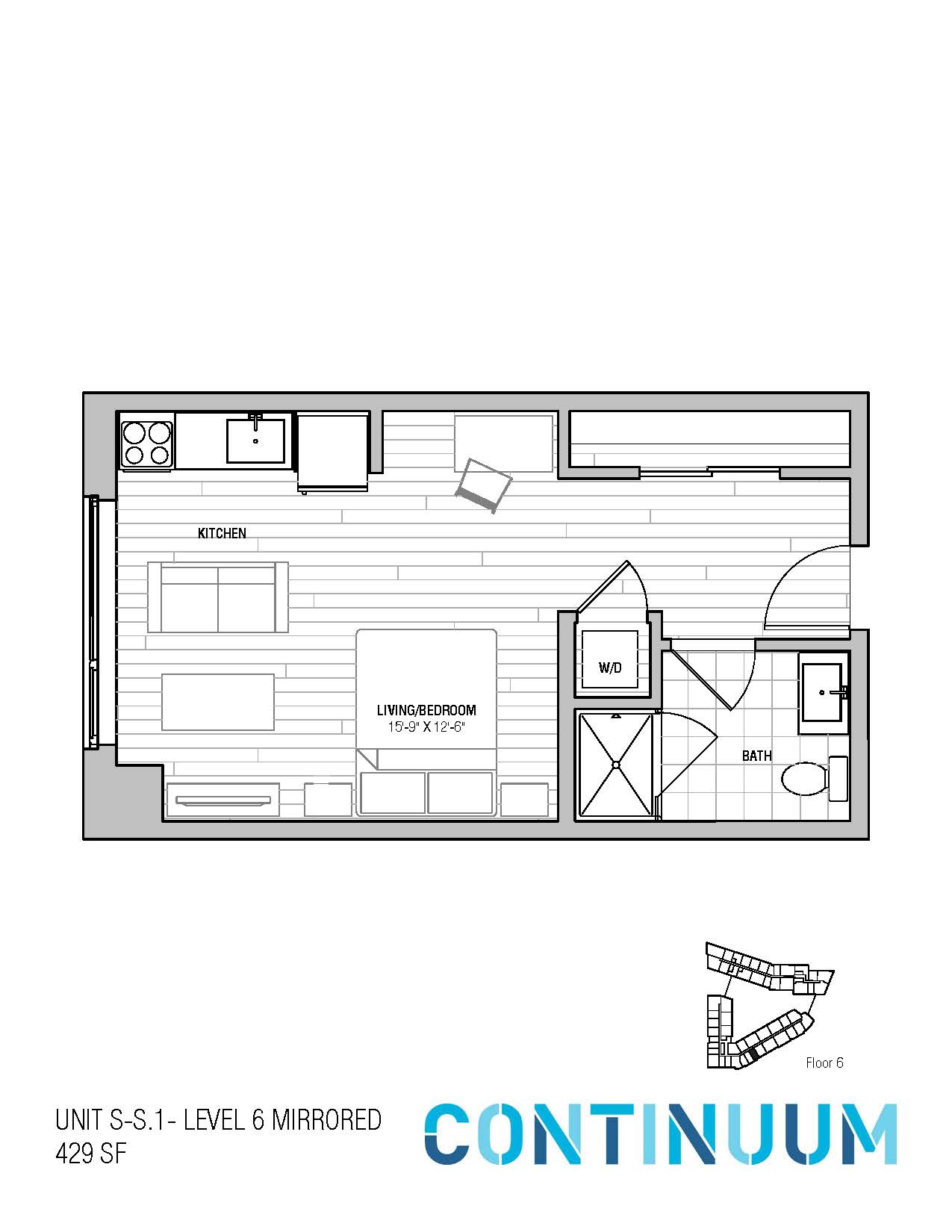 Floor plan for studio, 1 bath, 429 sqft