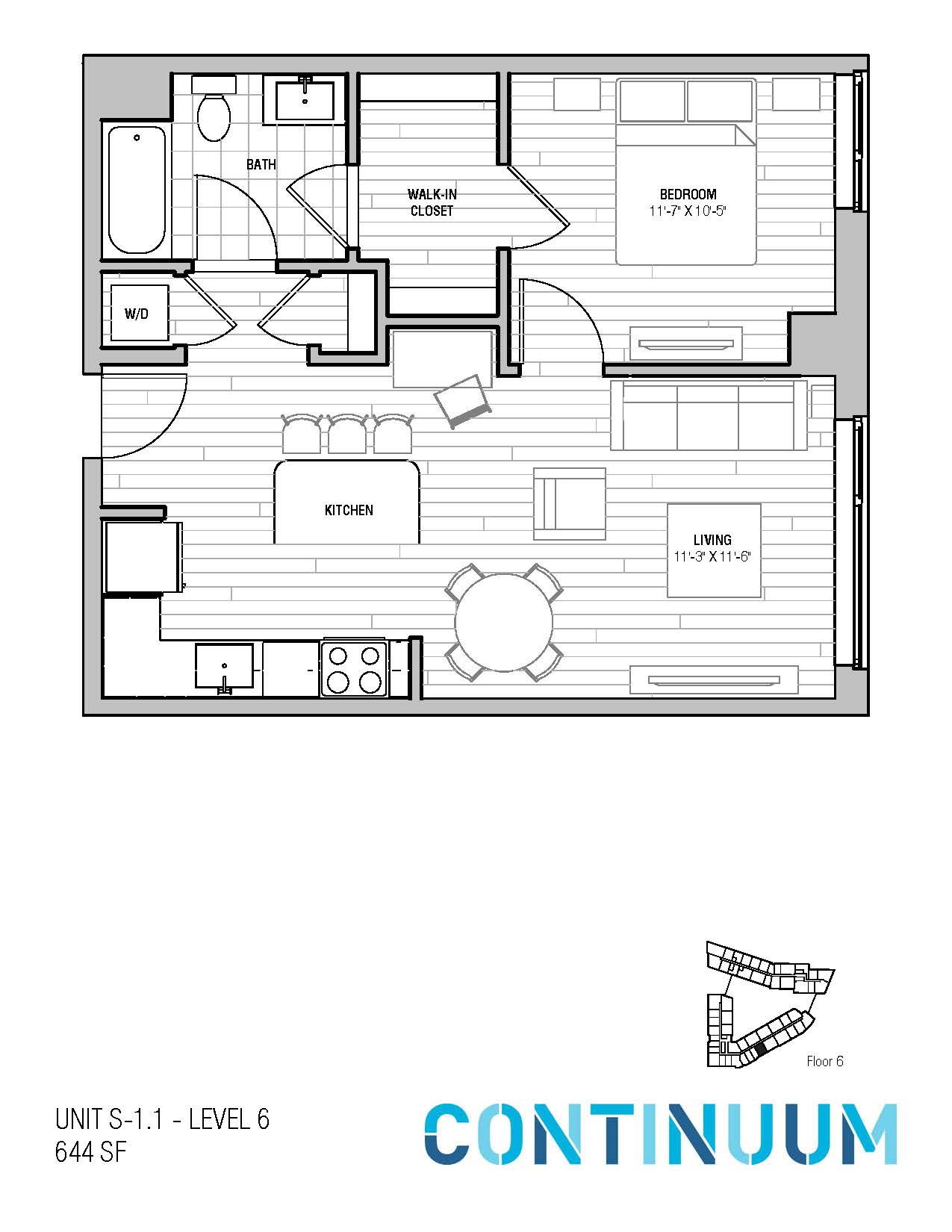 Floor plan for 1 bed, 1 bath, 644 sqft