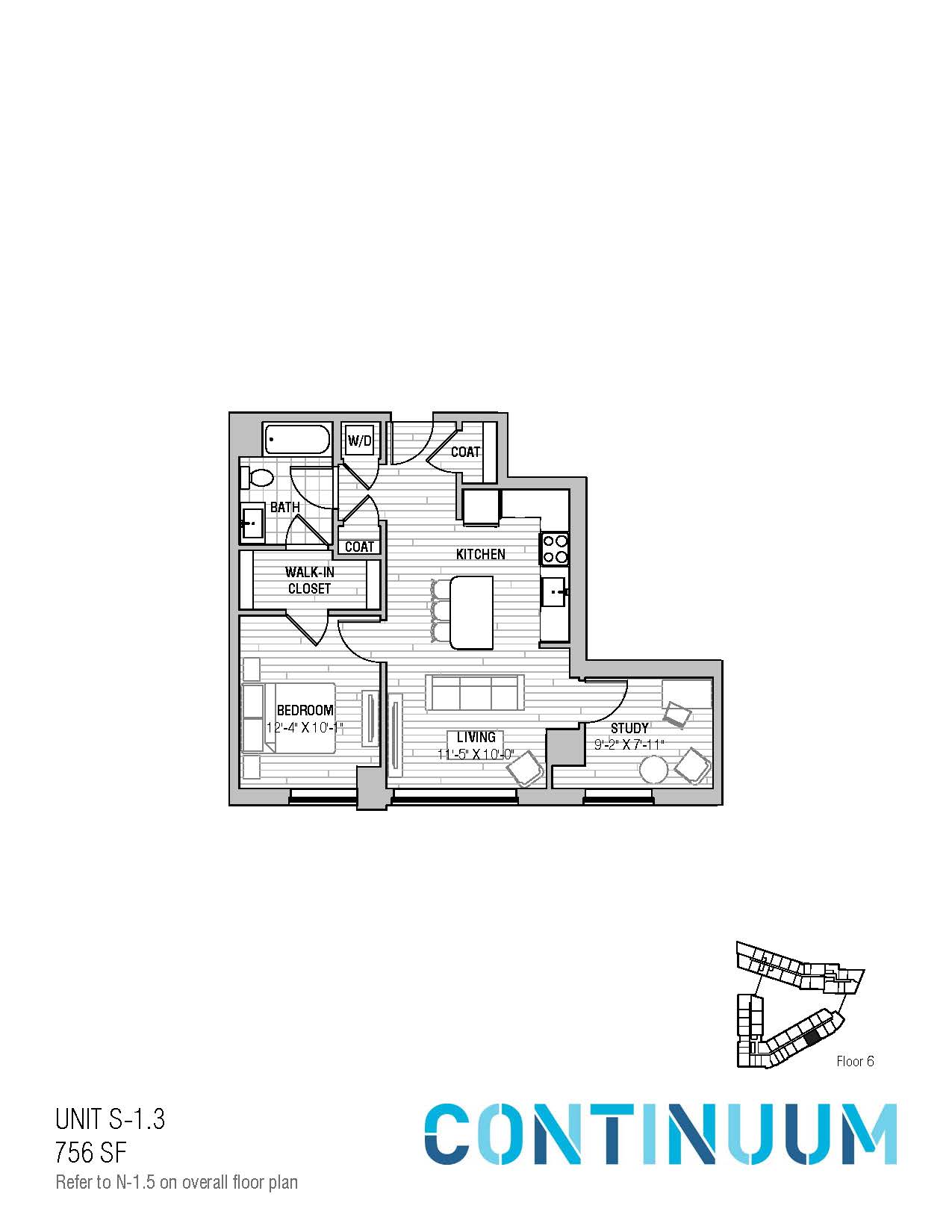 Floor plan for 1 bed, 1 bath, 756 sqft