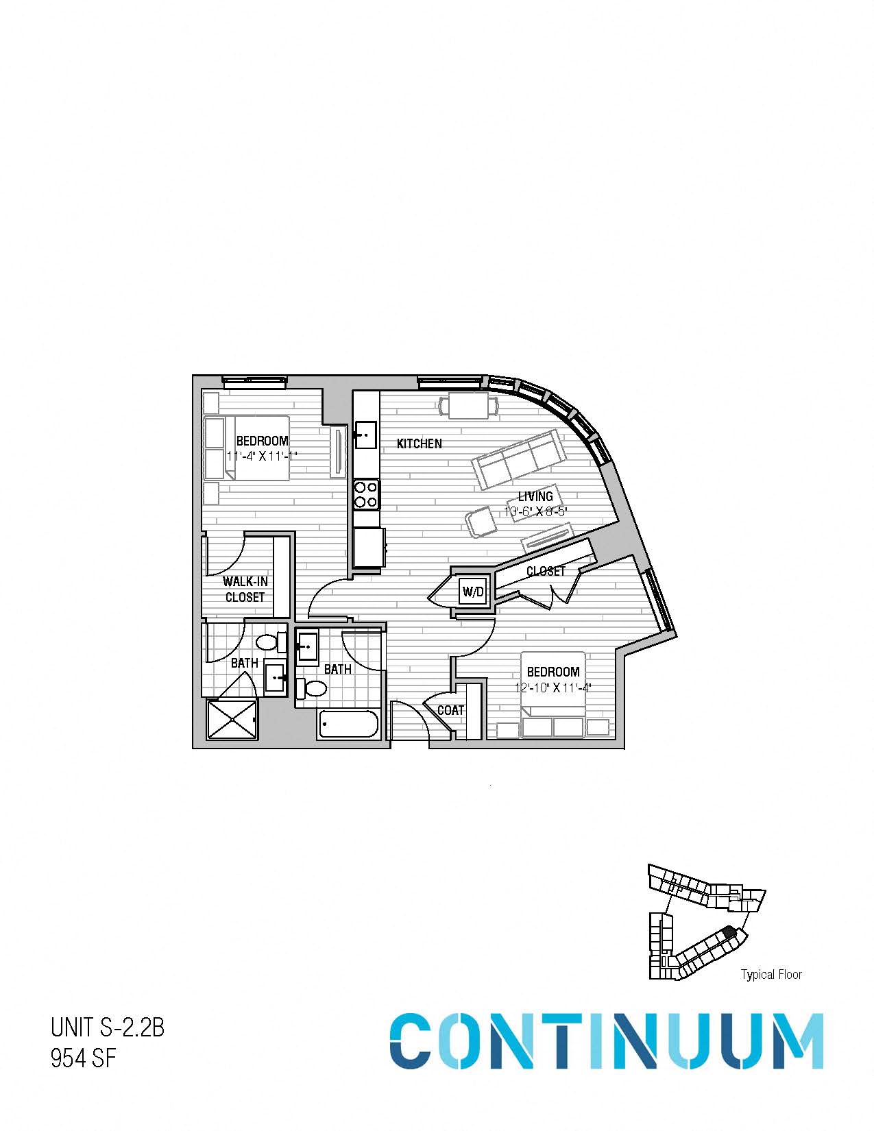 Floor plan for 2 beds, 2 baths, 954 sqft