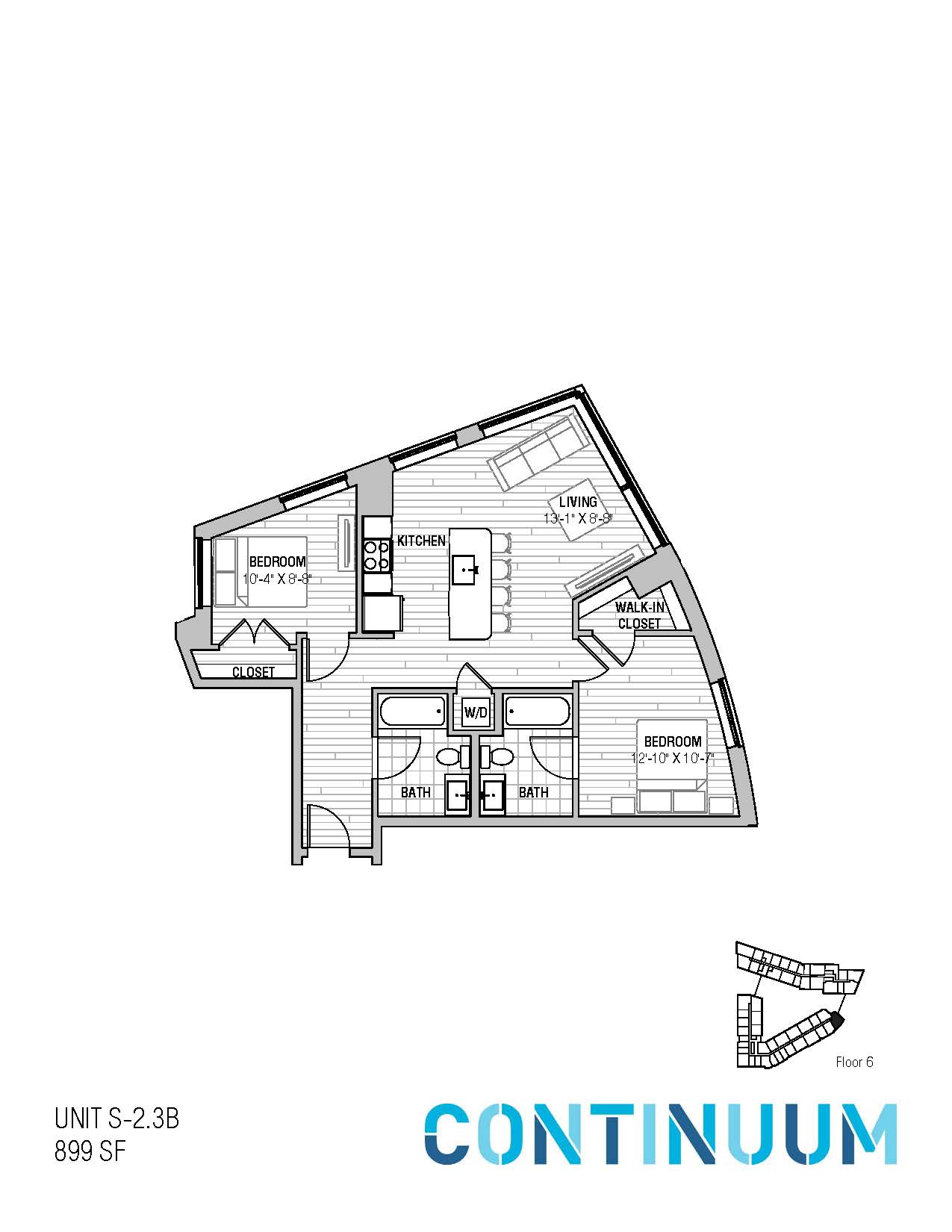 Floor plan for 2 beds, 2 baths, 899 sqft