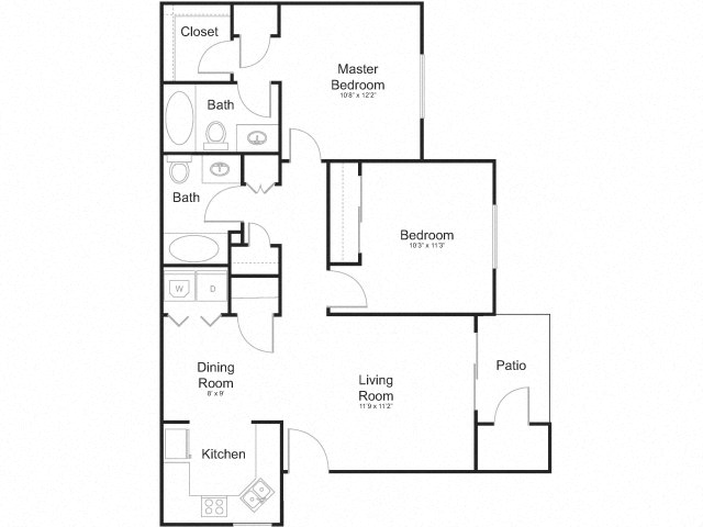Floor plan for 2 beds, 2 baths, 948 sqft