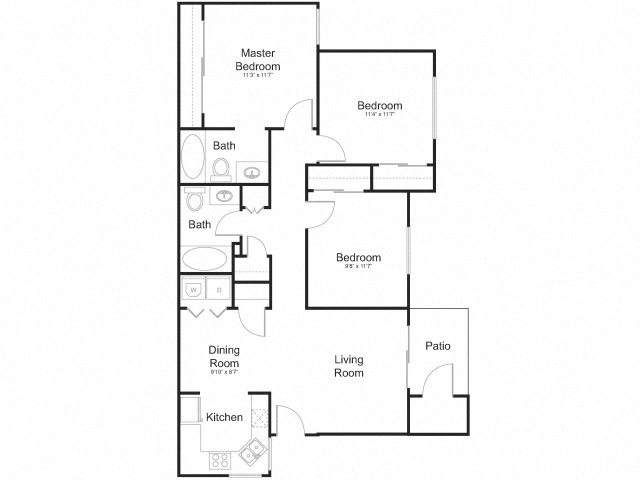 Floor plan for 3 beds, 2 baths, 1079 sqft