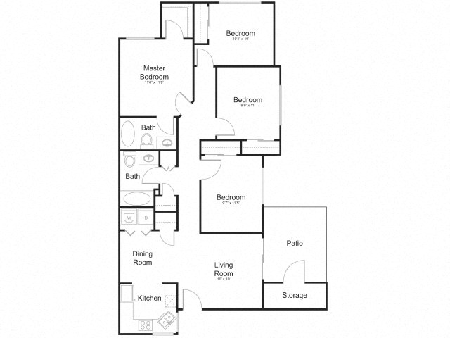 Floor plan for 4 beds, 2 baths, 1195 sqft