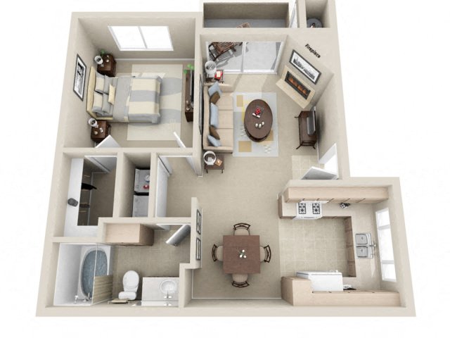 Floor plan for 1 bed, 1 bath, 670 sqft