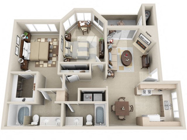 Floor plan for 2 beds, 2 baths, 916 sqft