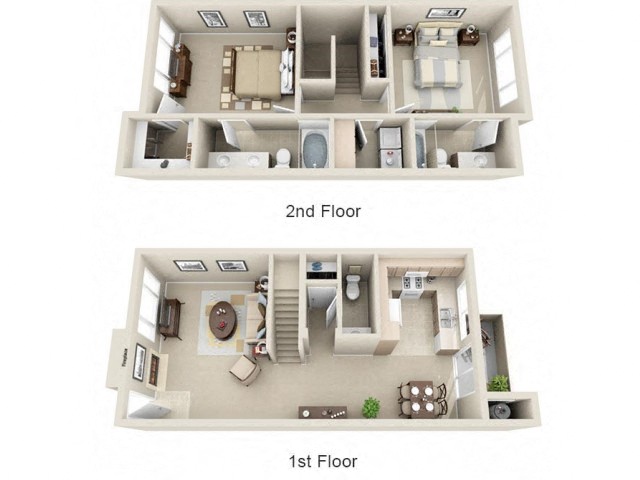 Floor plan for 2 beds, 2.5 baths, 1314 sqft