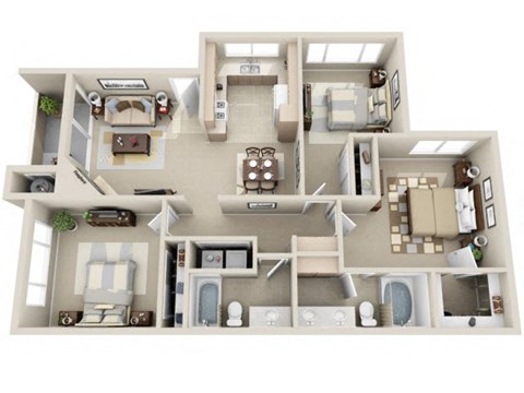 Floor plan for 3 beds, 2 baths, 1107 sqft