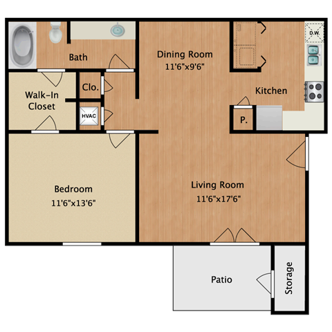 Floor plan for 1 bed, 1 bath, 792 sqft