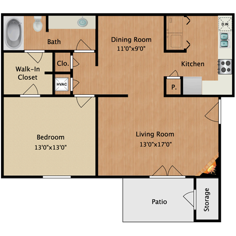 Floor plan for 1 bed, 1 bath, 856 sqft