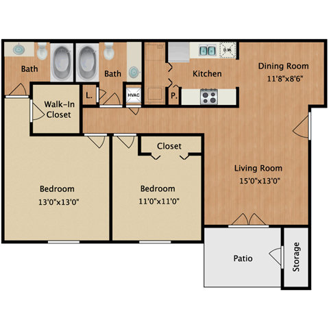 Floor plan for 2 beds, 2 baths, 1033 sqft