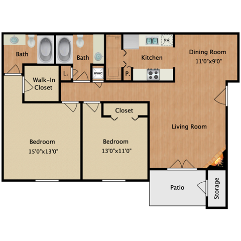 Floor plan for 2 beds, 2 baths, 1117 sqft