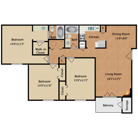Floor plan for 3 beds, 2 baths, 1256 sqft