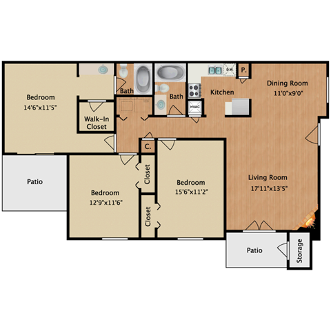Floor plan for 3 beds, 2 baths, 1282 sqft