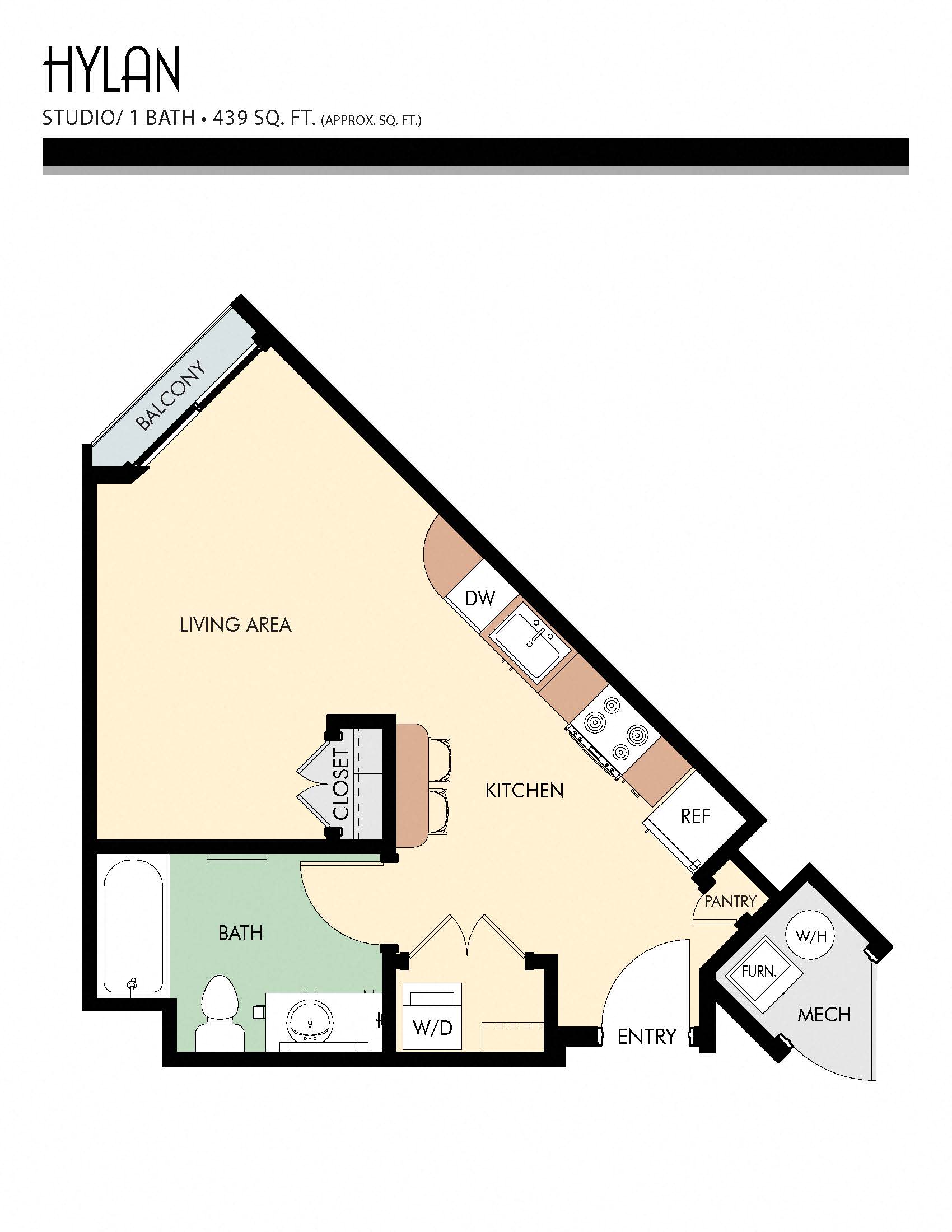 Floor plan for studio, 1 bath, 439 sqft