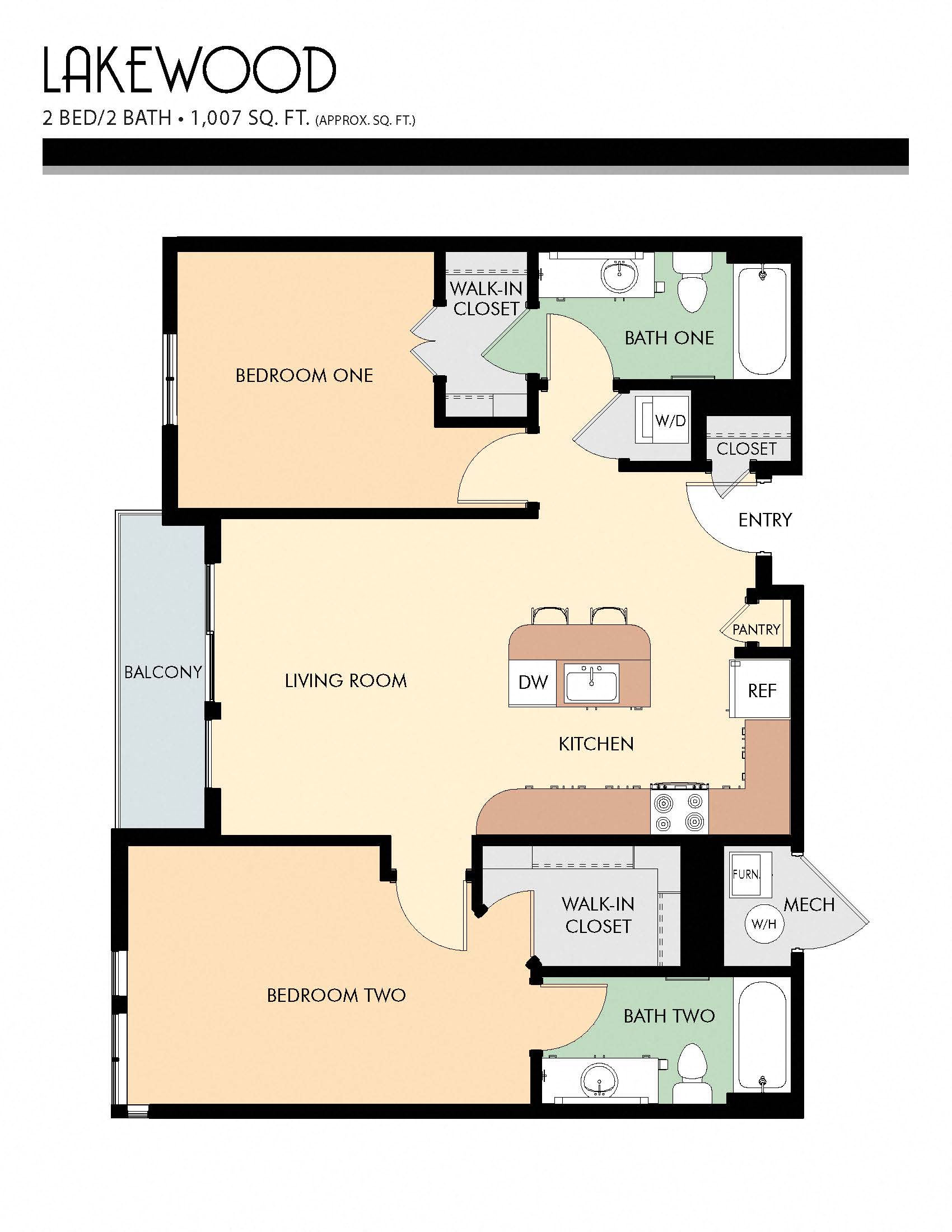 Floor plan for 2 beds, 2 baths, 1007 sqft