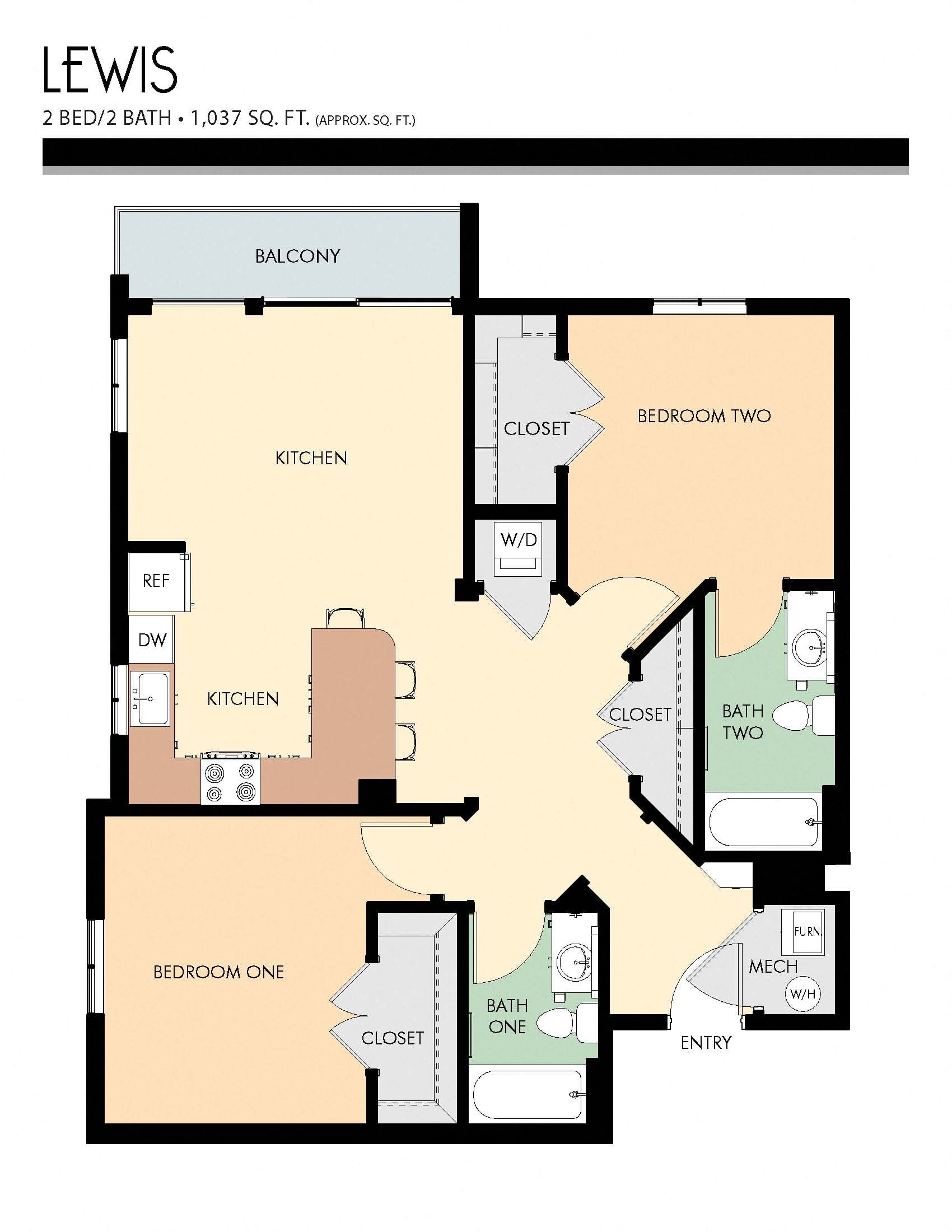 Floor plan for 2 beds, 2 baths, 1037 sqft