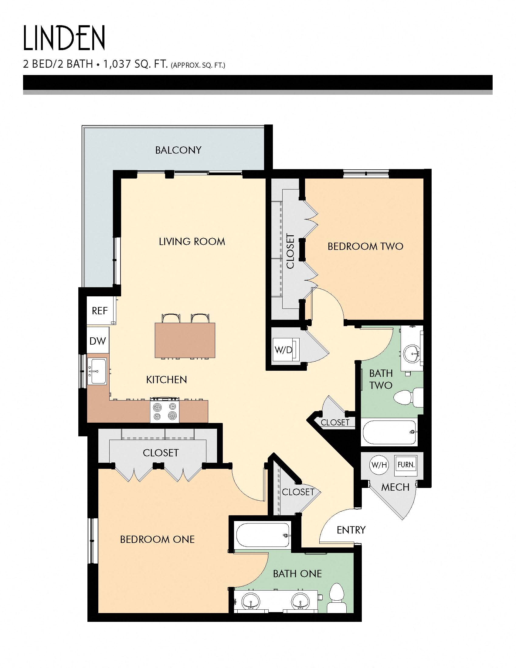 Floor plan for 2 beds, 2 baths, 1037 sqft