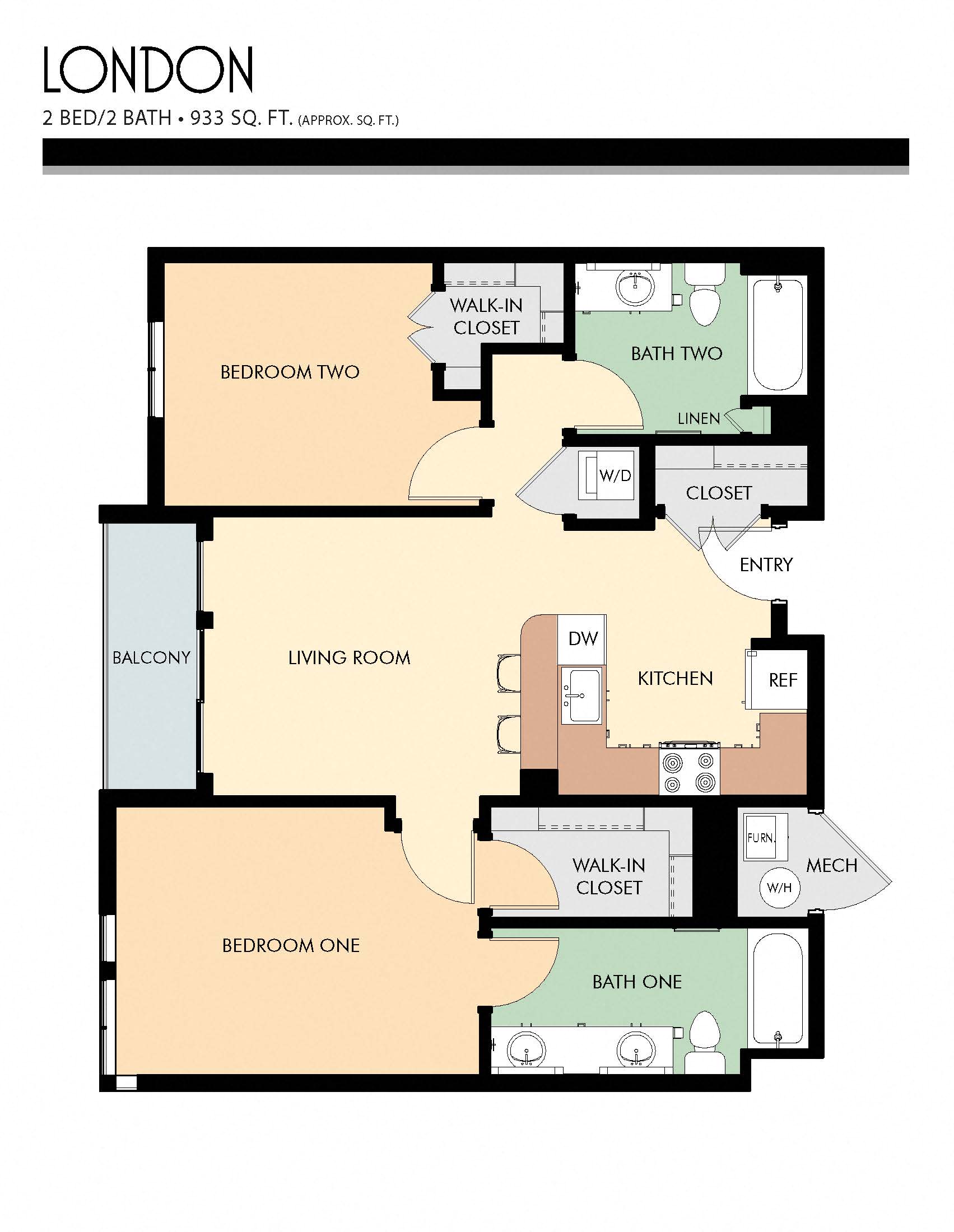 Floor plan for 2 beds, 2 baths, 933 sqft