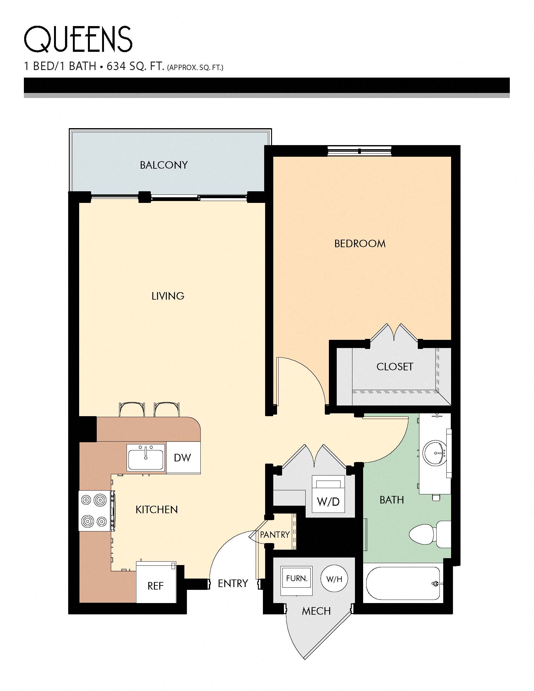 Floor plan for 1 bed, 1 bath, 634 sqft