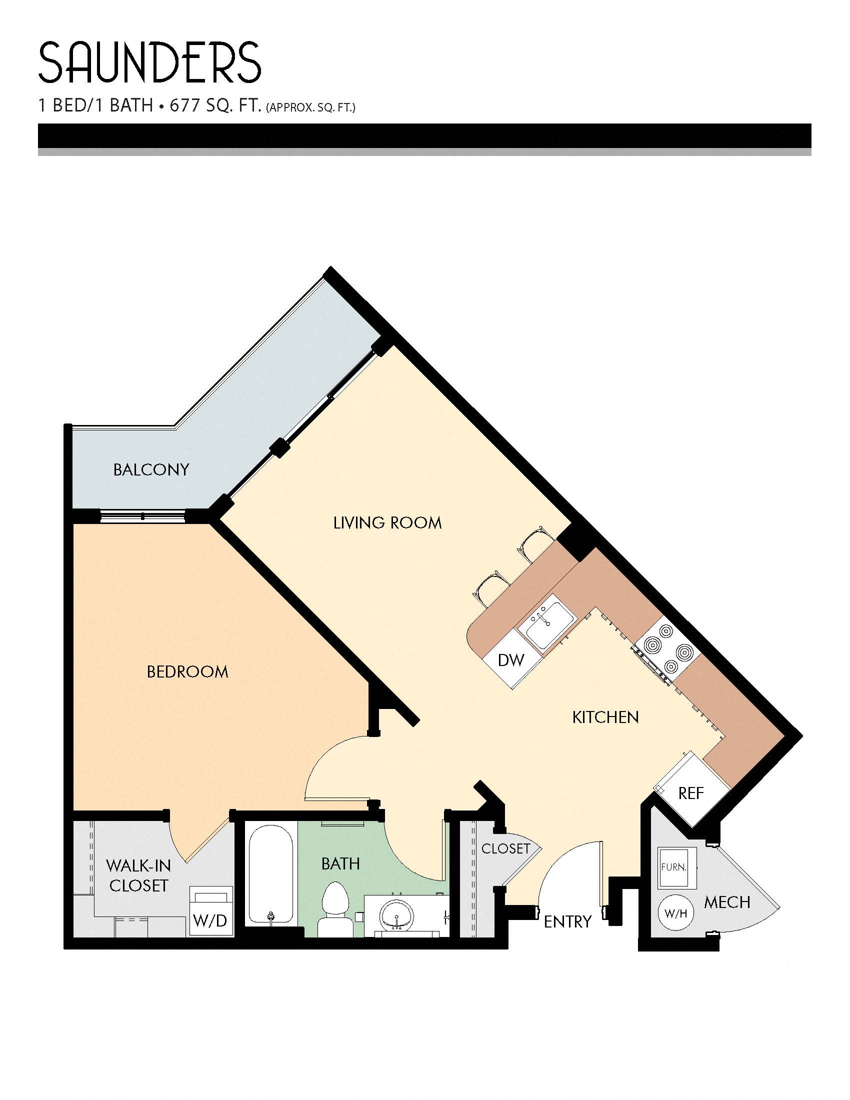 Floor plan for 1 bed, 1 bath, 677 sqft