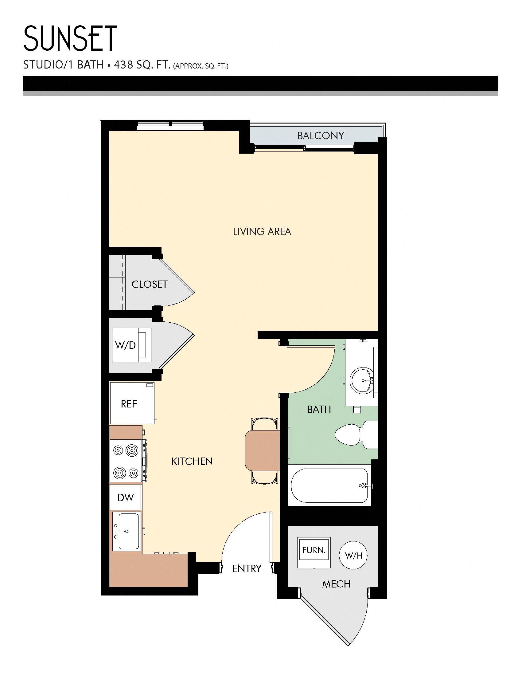 Floor plan for studio, 1 bath, 438 sqft