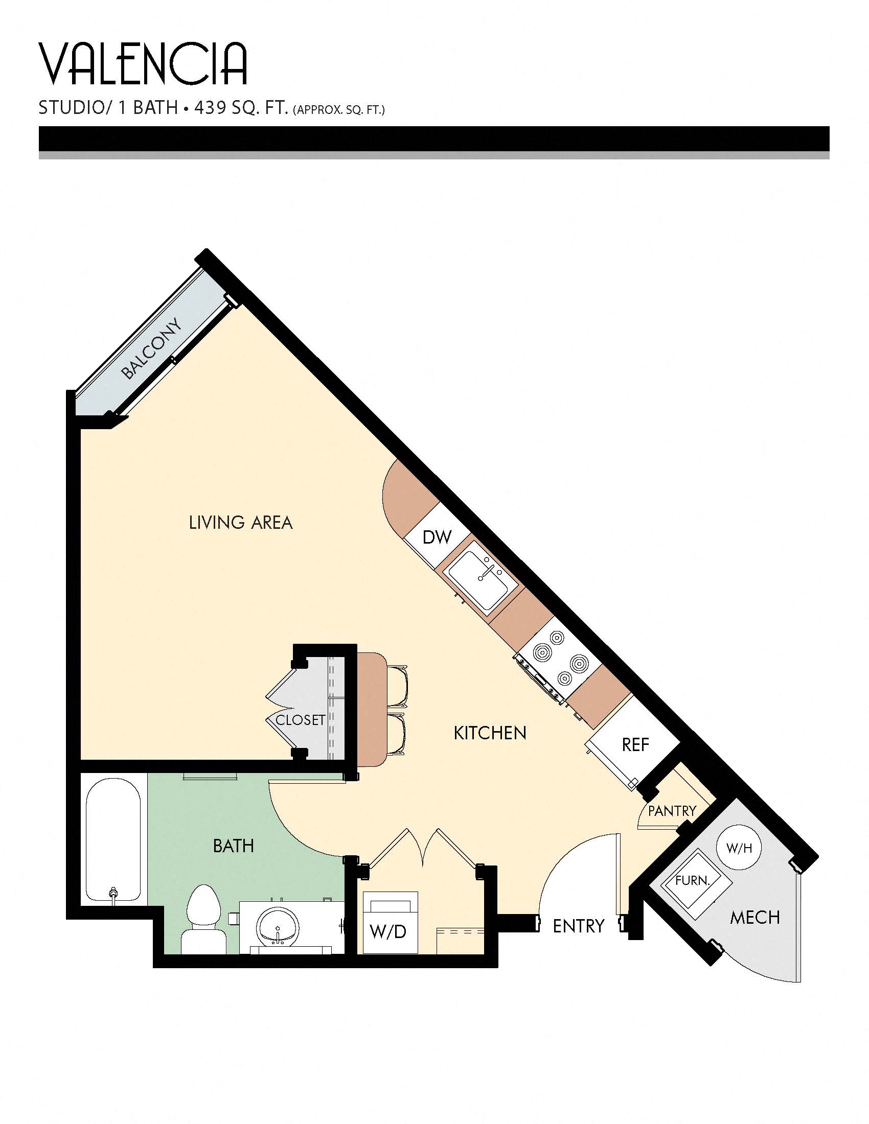 Floor plan for studio, 1 bath, 439 sqft
