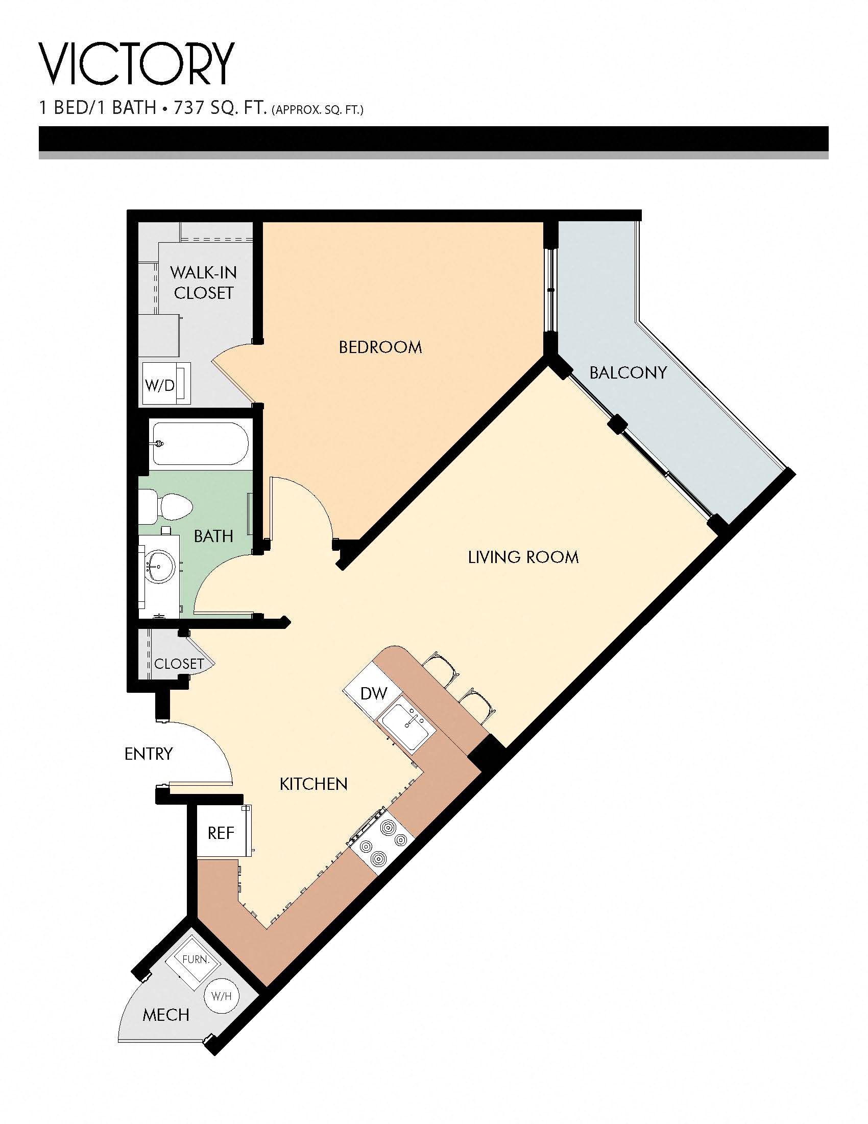 Floor plan for 1 bed, 1 bath, 737 sqft