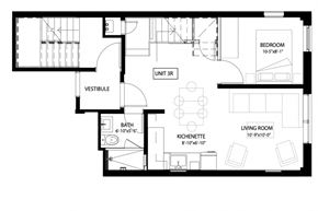 Brooklyn apartment for rent - A black and white image of a floor plan for a home with a living room, kitchenette, bath, and bedroom.