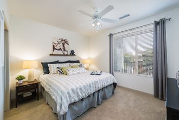 Ceiling fan, lamp and cozy bed