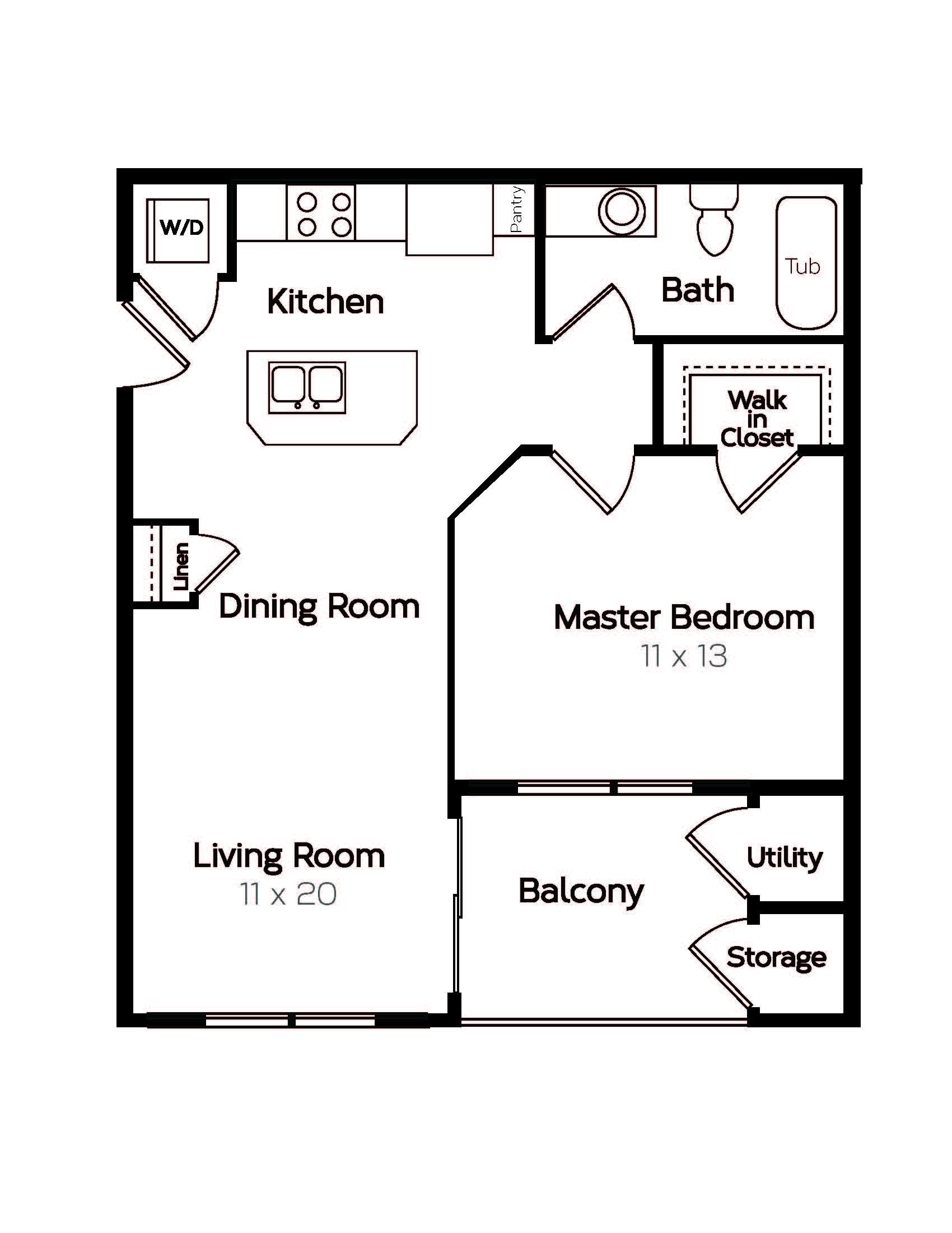 Floor plan for 1 bed, 1 bath, 700 sqft