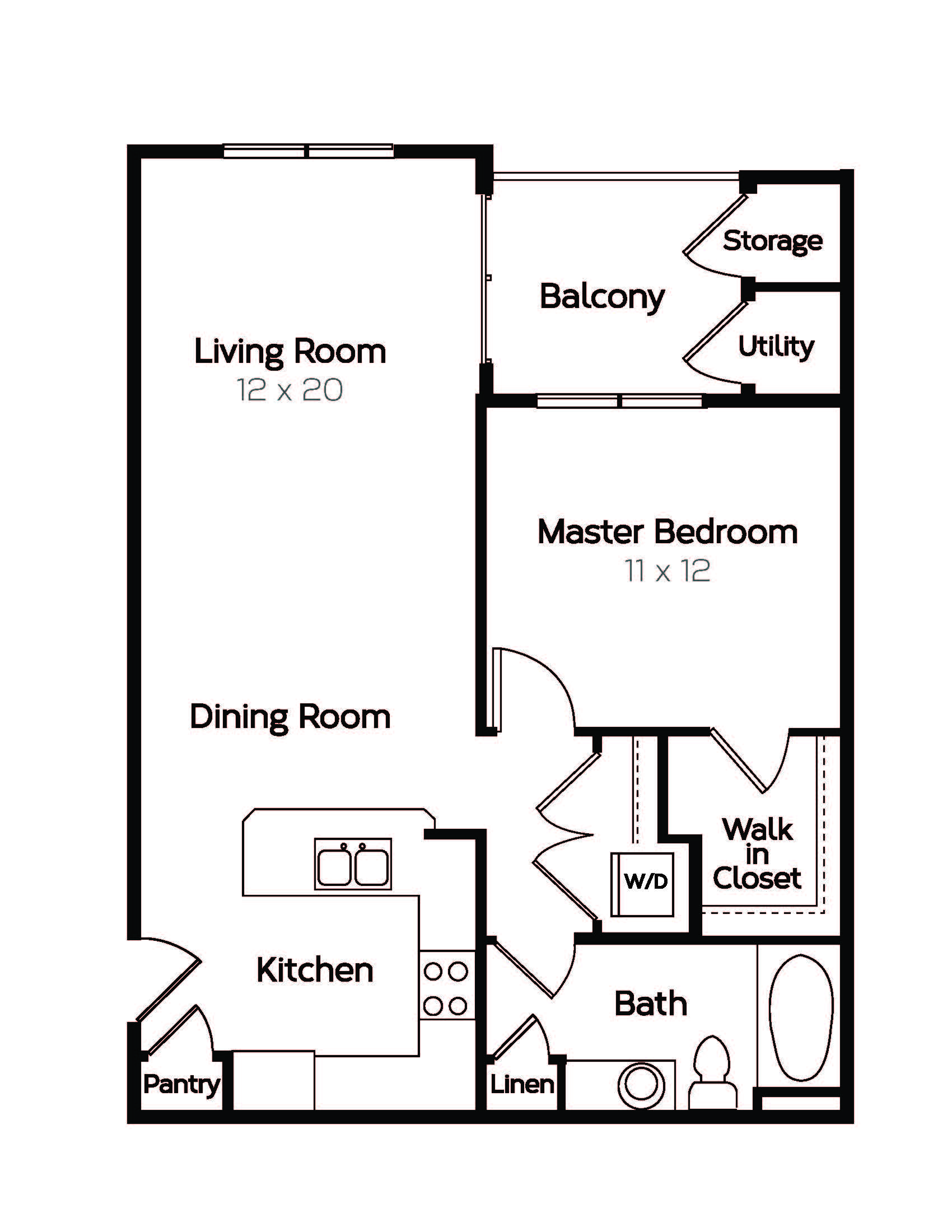 Floor plan for 1 bed, 1 bath, 825 sqft
