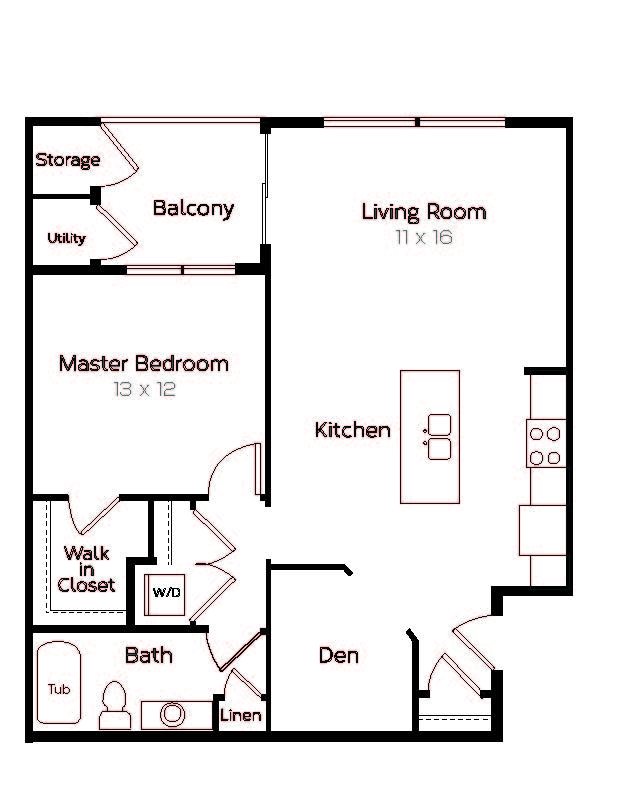 Floor plan for 1 bed, 1 bath, 916 sqft