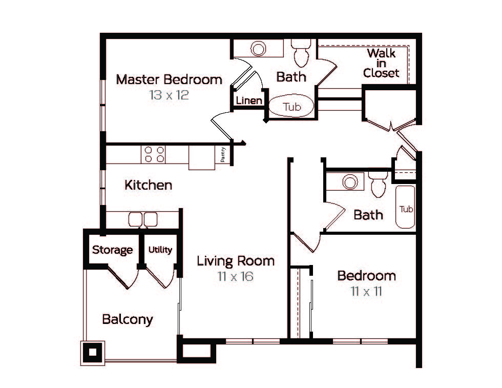 Floor plan for 2 beds, 2 baths, 1066 sqft