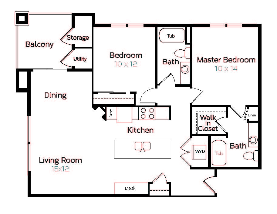 Floor plan for 2 beds, 2 baths, 1204 sqft