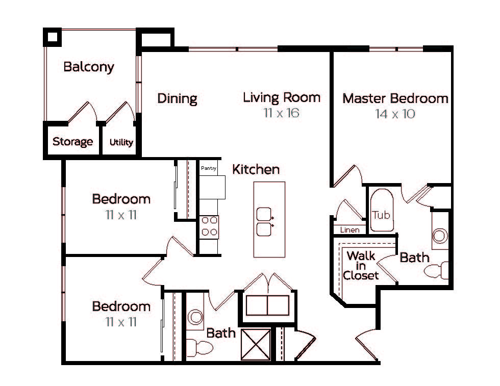 Floor plan for 3 beds, 2 baths, 1306 sqft