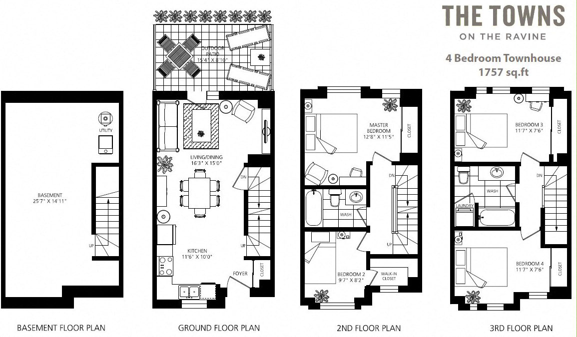 Floor plan for 4 beds, 2 baths, 1322 sqft