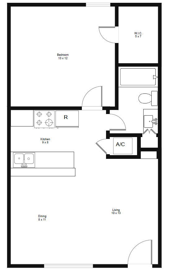Floor plan for 1 bed, 1 bath, 650 sqft