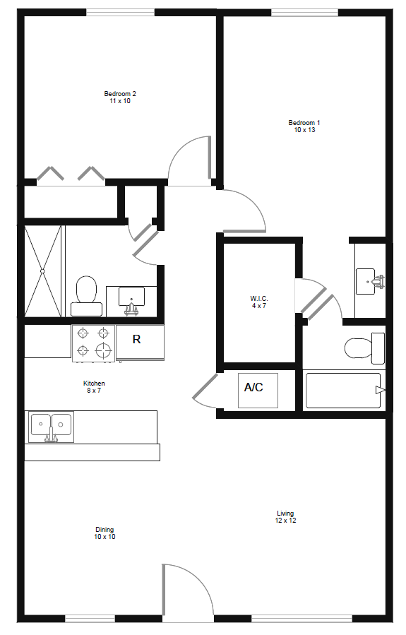 Floor plan for 2 beds, 2 baths, 792 sqft