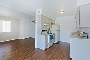 Mesa apartment for rent - an empty kitchen with white appliances and a wood floor
