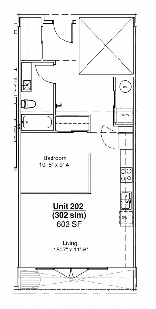Floor plan for 1 bed, 1 bath, 603 sqft
