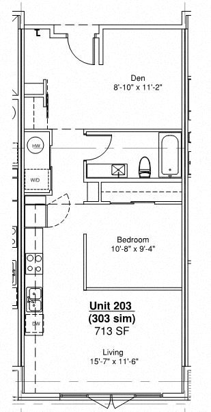 Floor plan for 1 bed, 1 bath, 713 sqft