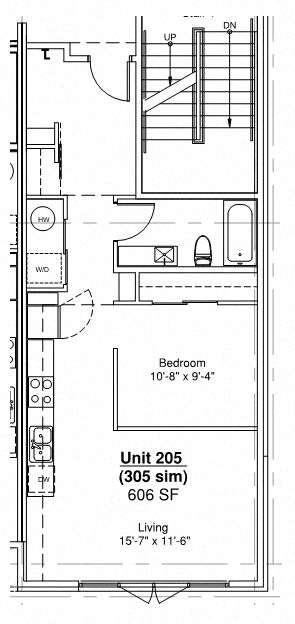 Floor plan for 1 bed, 1 bath, 606 sqft