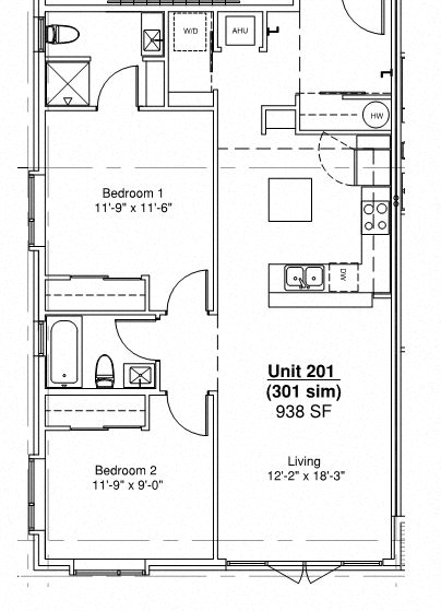 Floor plan for 2 beds, 2 baths, 950 sqft