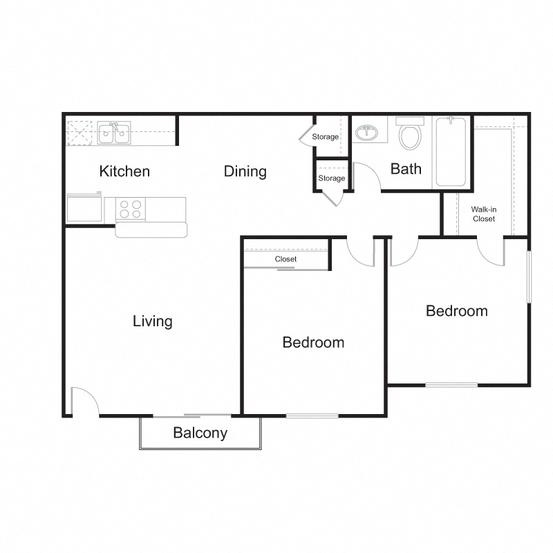 Floor plan for 2 beds, 1 bath, 800 sqft