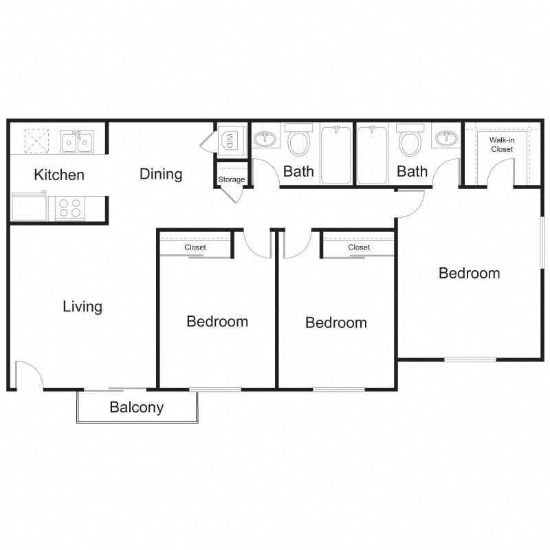 Floor plan for 3 beds, 2 baths, 1000 sqft
