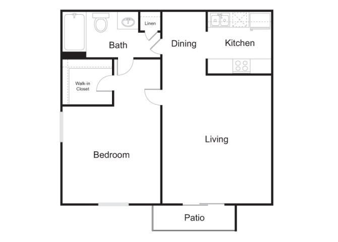 Floor plan for 1 bed, 1 bath, 637 sqft