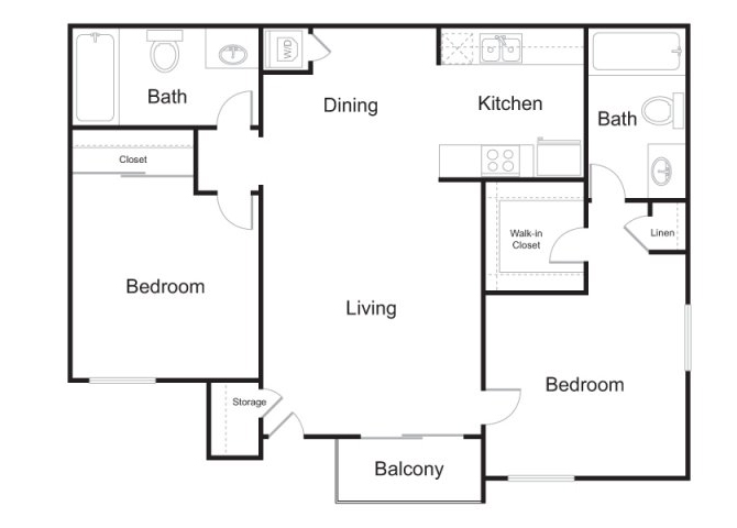 Floor plan for 2 beds, 2 baths, 852 sqft