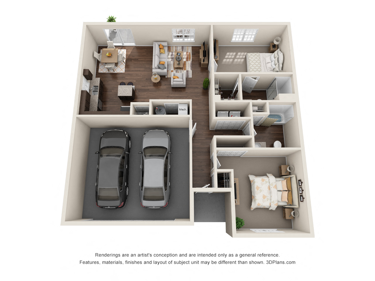 Floor plan for 2 beds, 2 baths, 1249 sqft
